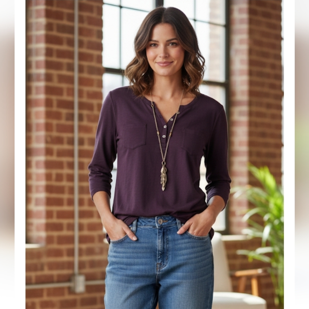 CORAL BAY Classic Navy Modal V Neck Pockets Henley
